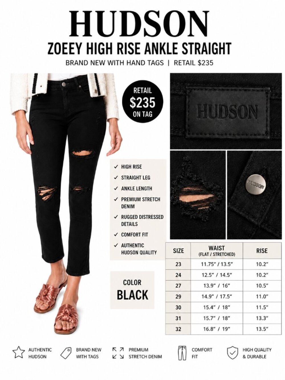 NWT HUDSON Zoeey High Rise Straight Ankle Jeans Black Stretch Denim $235 - Picture 1 of 10